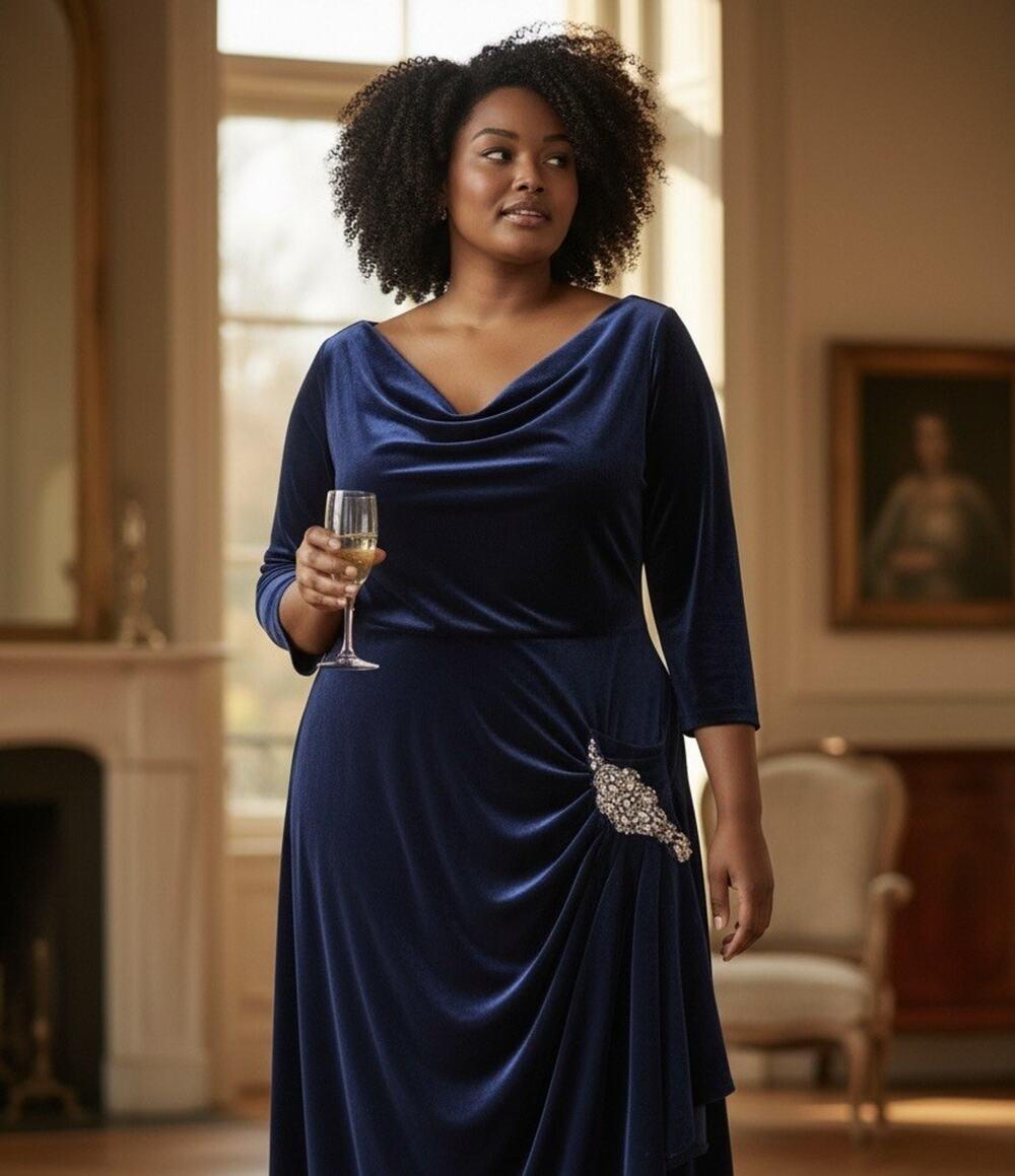 Alex Evenings Womens Blue Velvet Side-Ruffle Sheath Dress Plus 24W Rhinestone